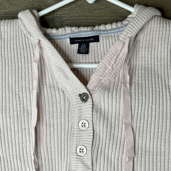 Tommy Hilfiger Hooded Sweater Womens L Knit Pink Pullover Front Pockets Buttons - Picture 3 of 10